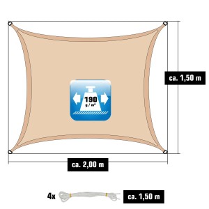 Beiges, rechteckiges AMANKA Sonnensegel aus Polyester, 1,5 x 2 m, mit Spannseilen.