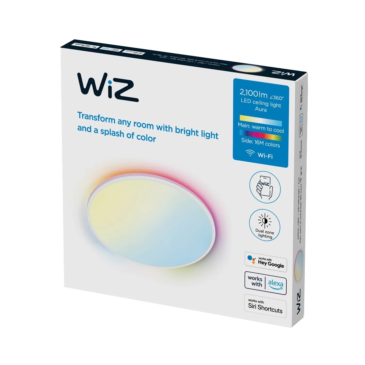 Verpackung der WiZ LED-Deckenleuchte Rune, smarte Lampe mit Farbwechsel und 2100 Lumen.