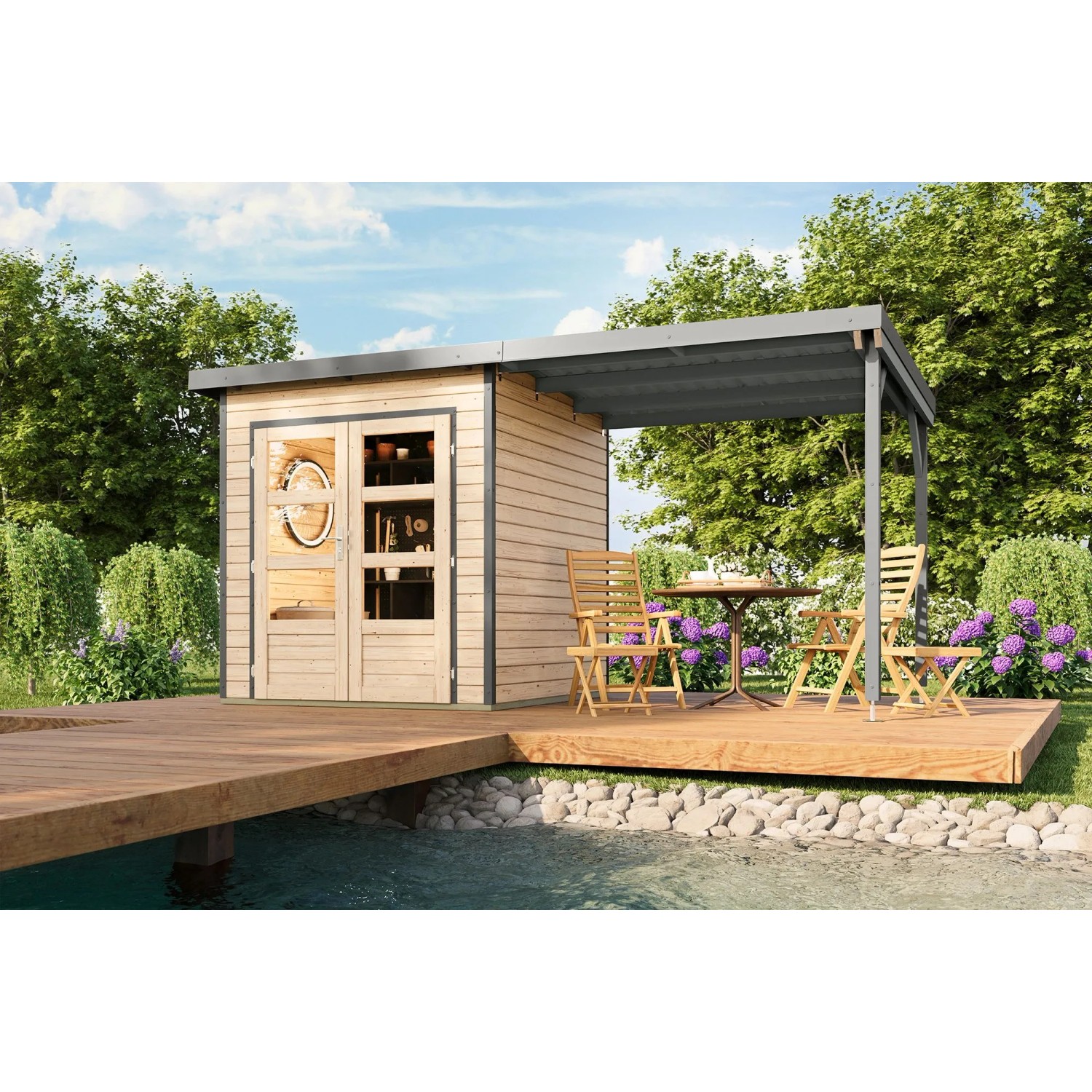 Karibu Gartenhaus Domingo 1 A mit Anbaudach 2,33 m Natur-Grau