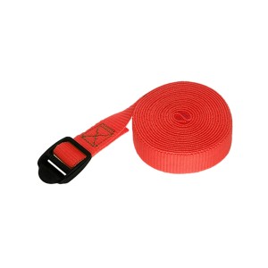 Roter Spanngurt, 25 mm breit und 2,5 m lang, mit Kunststoffschnalle.