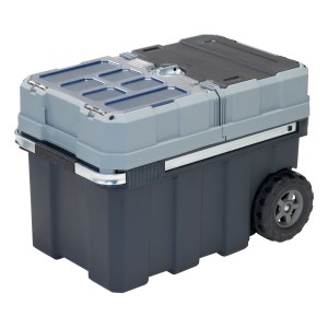 Werkzeugbox mit Rollen, grau-schwarz, mit Teleskopgriff und entnehmbaren Sortierboxen.