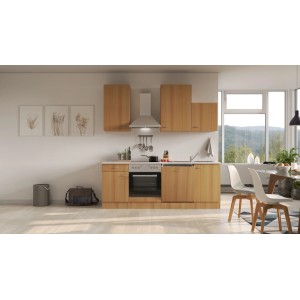 Flex-Well Küchenzeile Classic Nano 220 cm in Buche mit E-Geräten und Spüle.