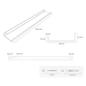 Technische Zeichnung HEVVA Regalleiste MARSEILLE, 115cm, weiß, mit Maßangaben und Befestigungsmaterial.