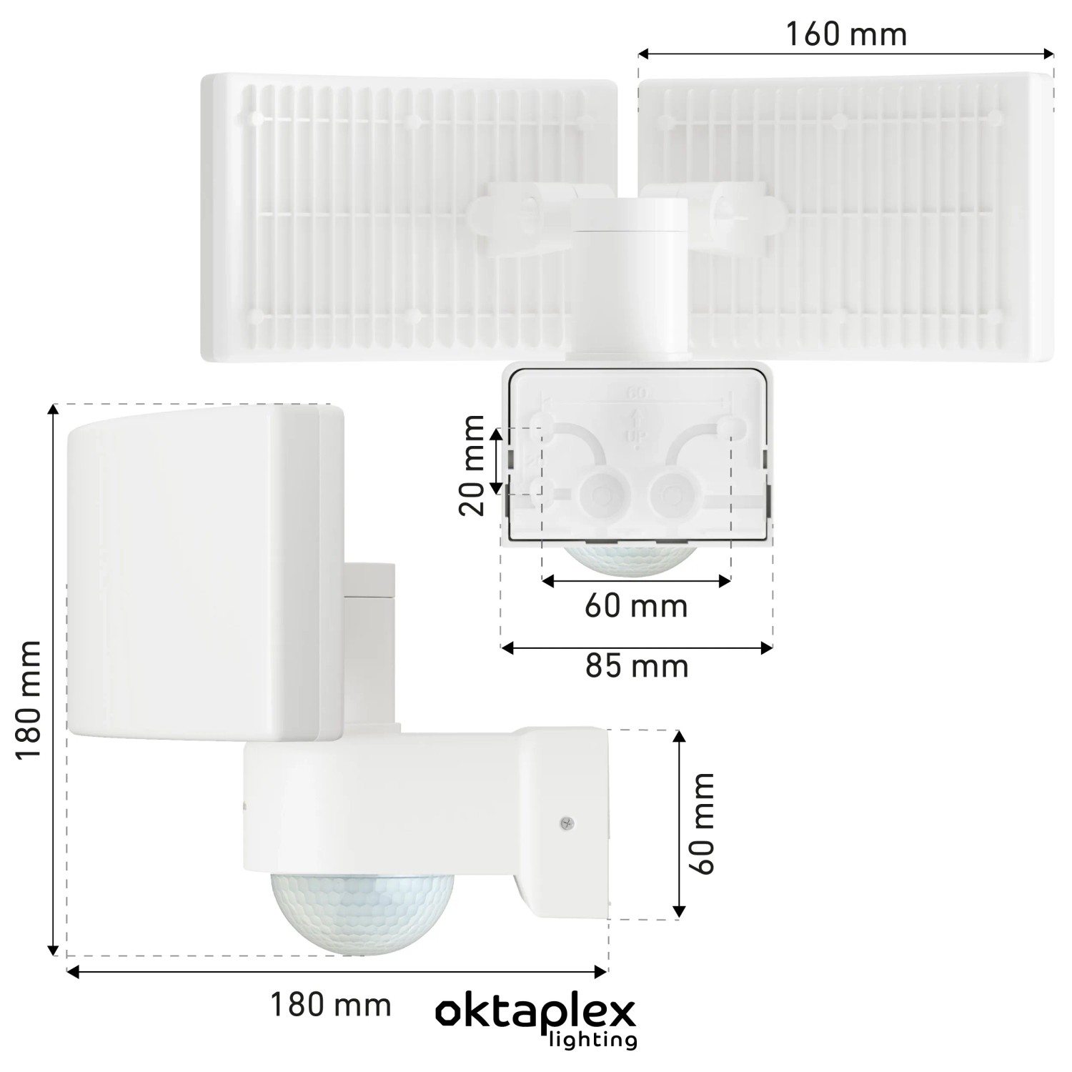 Oktaplex Außenstrahler mit Bewegungsmelder, schwenkbar, IP65, weiß, Abmessungen sichtbar.