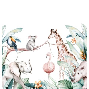 Rasch Fototapete Bambino XIX mit Tieren (Elefant, Giraffe, Koala, Tukan, Flamingo, Nashorn) und Pflanzen.