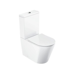 Weißes Ravak Optima Stand-WC mit Spülkasten, spülrandlos und SoftClose WC-Sitz. Modernes Design.