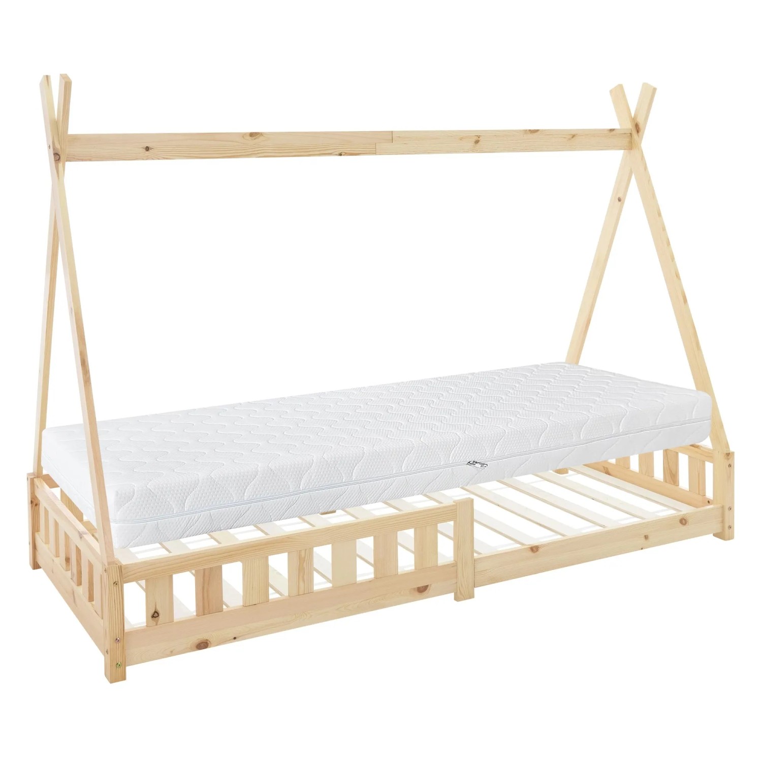 ML-Design Kinderbett Tipi 90x200cm Natur Matratze H16cm Rausfallschutz