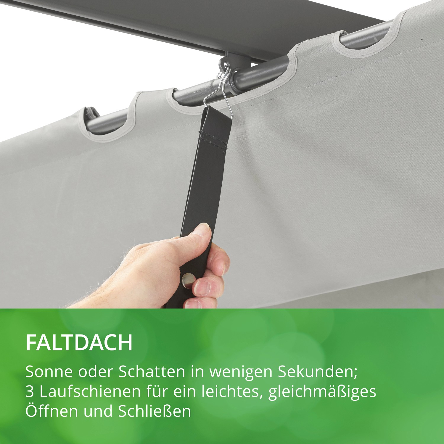 Detailaufnahme: Lichtgraue Leco Pergola mit Faltdach-Mechanismus zur einfachen Bedienung.