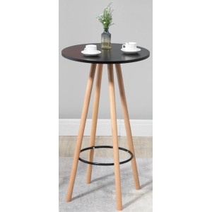 CLP Stehtisch Livia rund mit schwarzer Platte und naturfarbenen Holzbeinen. Skandinavisches Design, Fußstütze.