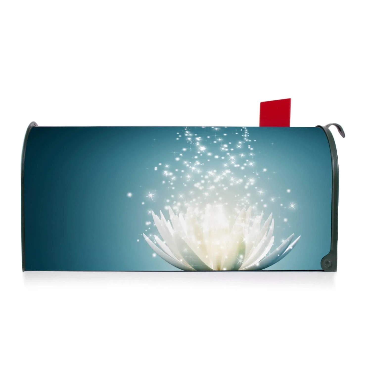 Grüner US Briefkasten mit Lotusblüte Motiv. Amerikanischer Postkasten für Wand- oder Standmontage.