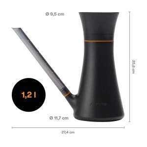 Schwarze Fiskars Gießkanne (1,2 l) mit transparentem Ausguss und Maßangaben. Ideal für Zimmer- und Balkonpflanzen.