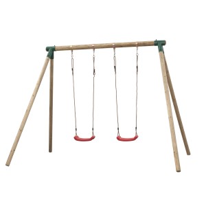 SwingKing Doppel-Schaukel Bernedette aus Holz mit zwei roten Schaukelsitzen.