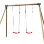 SwingKing Doppel-Schaukel Bernedette aus Holz mit zwei roten Schaukelsitzen.
