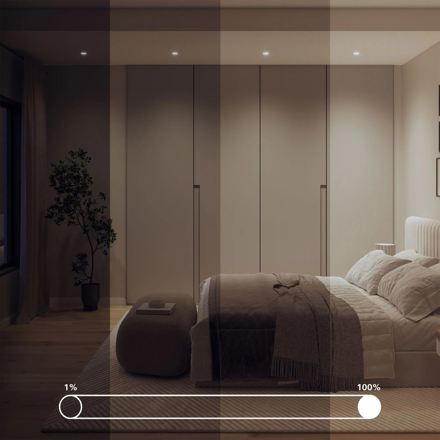 Smarte GU10 LED-Spots dimmen ein Schlafzimmer von 1% bis 100% Helligkeit. Warm- bis Kaltweiß-Beleuchtung.