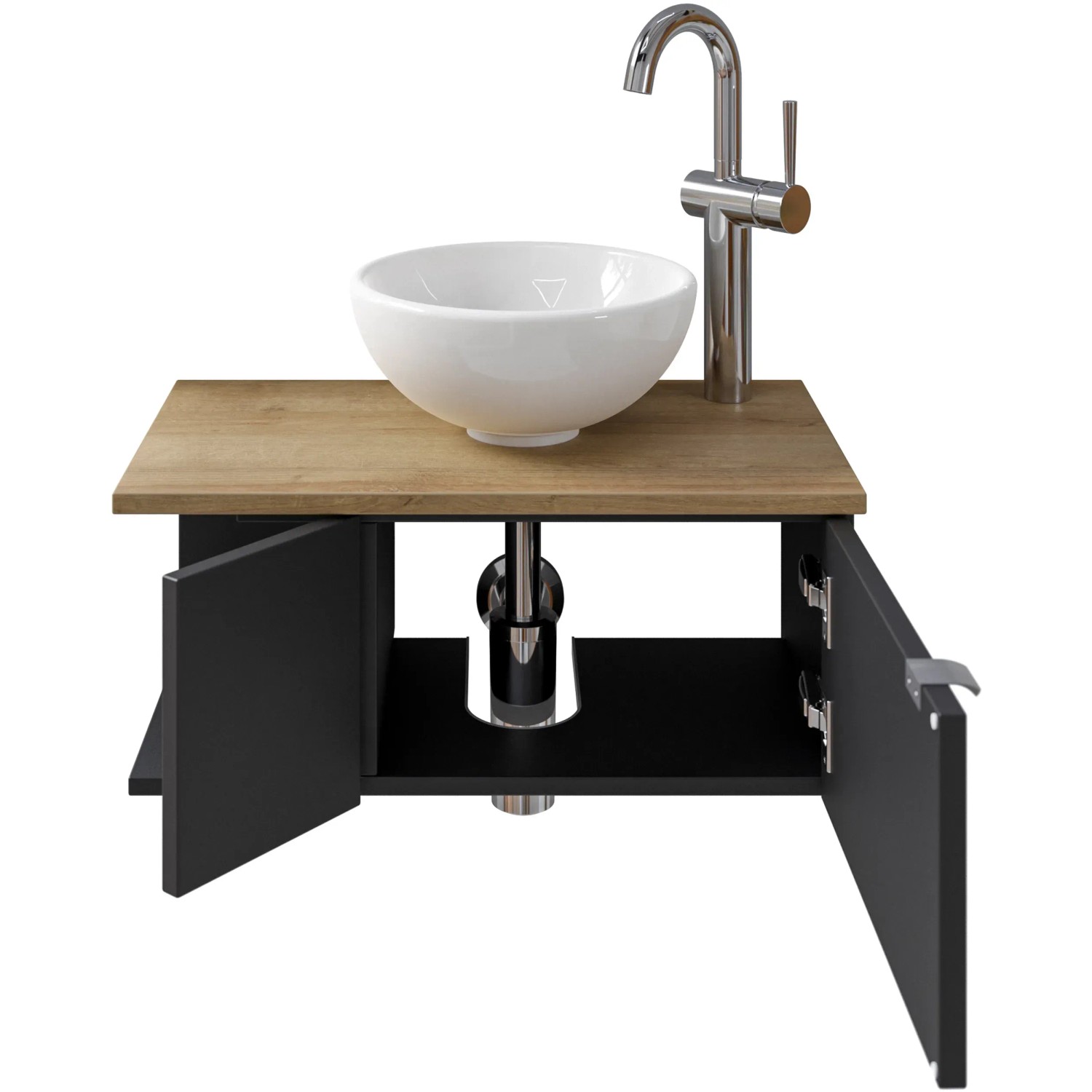 Pelipal Einzelwaschtisch Serie 6915, 61 cm, Schwarz, mit Aufsatzwaschbecken und offenem Unterschrank.