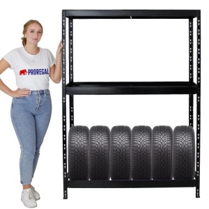 PROREGAL Reifenregal Tiger, schwarz, mit Reifen und Fachboden. Ideal zur Reifenlagerung in Garage & Werkstatt.