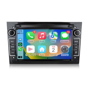 Junsun Autoradio für Opel, glänzend schwarz, mit Touchscreen, CarPlay, Android Auto und Navigation.