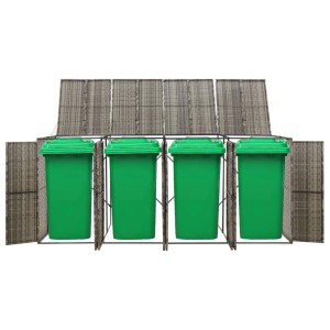 Graue vidaXL Mülltonnenbox für 4 Tonnen aus Polyrattan mit grünen Mülltonnen.