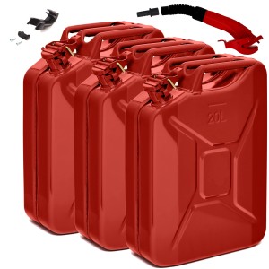 3 rote 20L BW Kraftstoffkanister aus Metall mit Ausgießer, TÜV-geprüft.