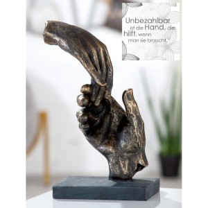 Bronzefarbene Kunstharz Skulptur "Two Hands" mit grauem Akzent auf dunklem Sockel. Dekorative Figur für Wohnräume.