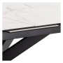 Detailansicht des ebuy24 Irwine Esstischs mit weißer Marmorplatte und schwarzem Metallgestell.