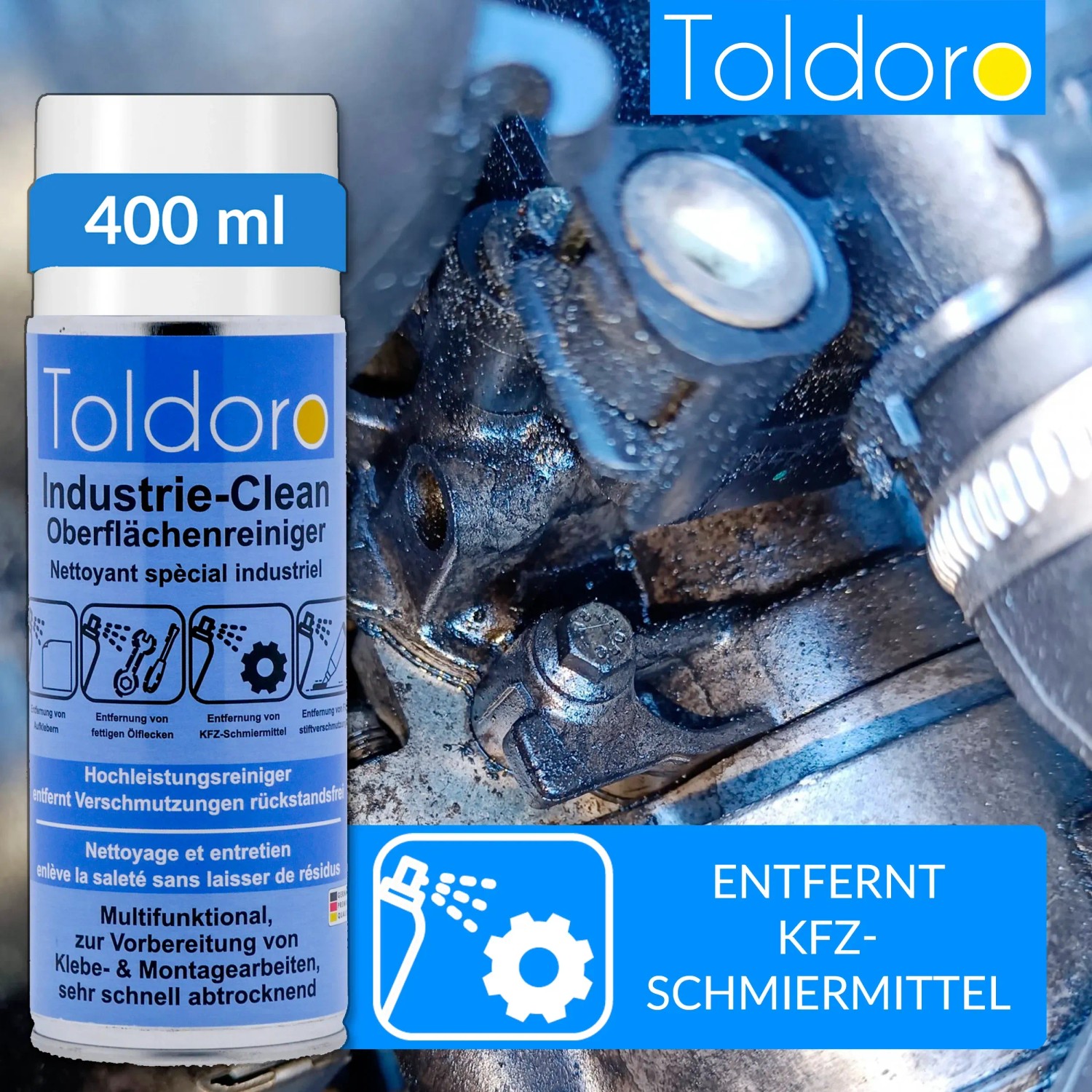 Toldoro Industriereiniger 400ml entfernt KFZ-Schmiermittel von Oberflächen und Maschinen.