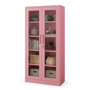 Puderrosa Vitrinenschrank AMELIA mit Glastüren und Stahlrahmen, 185x90x40 cm.