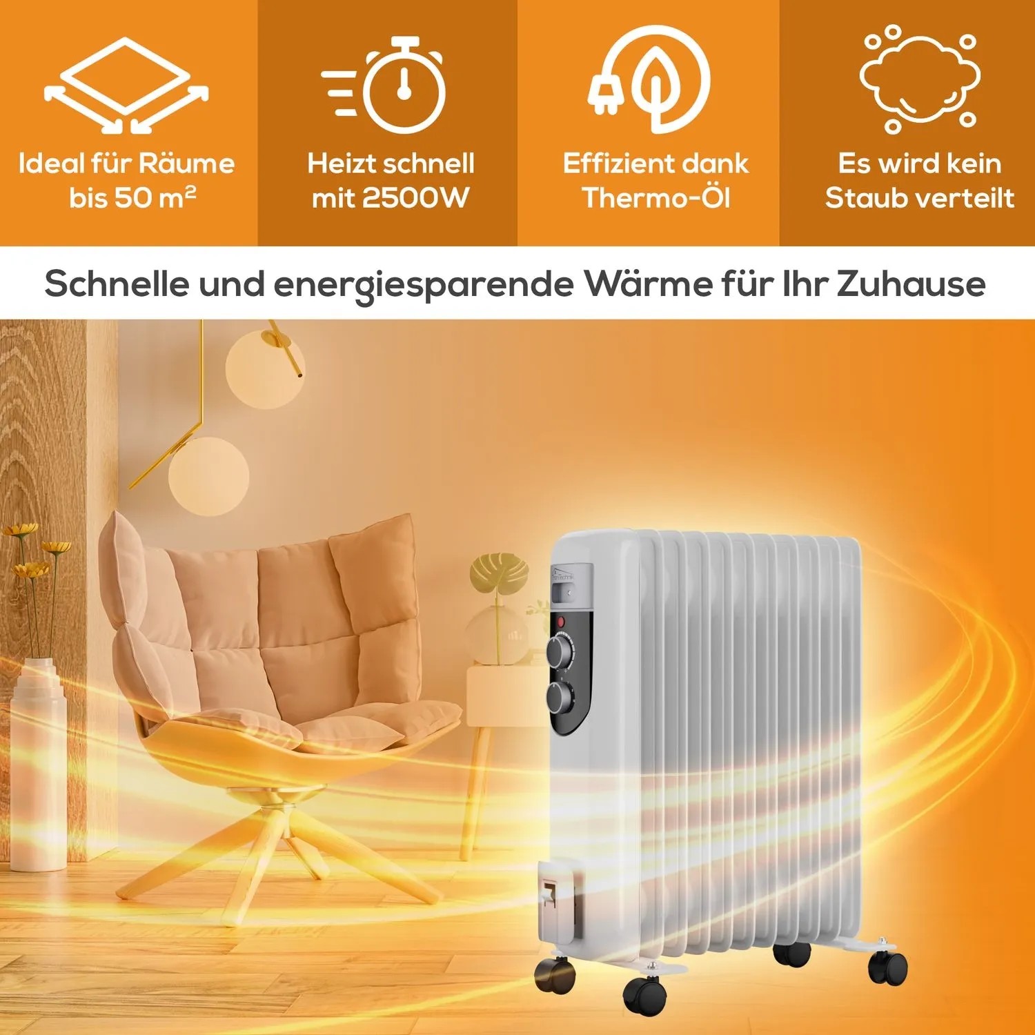 TroniTechnik Ölradiator TT-OR 111, 2500W, 11 Rippen, weiße Elektroheizung mit Rollen.