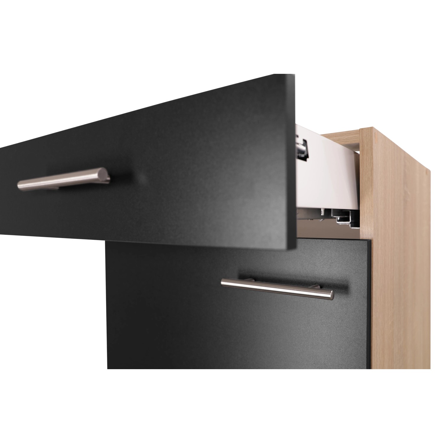 Respekta Unterschrank Merle, 50 cm, Schwarz, mit Schublade und Metallgriffen.