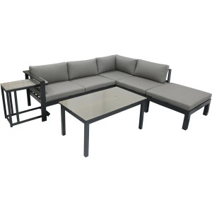 Graue 5-teilige Lounge-Eckgruppe Miranda mit Tisch, Sofa und Beistelltisch für den Garten.