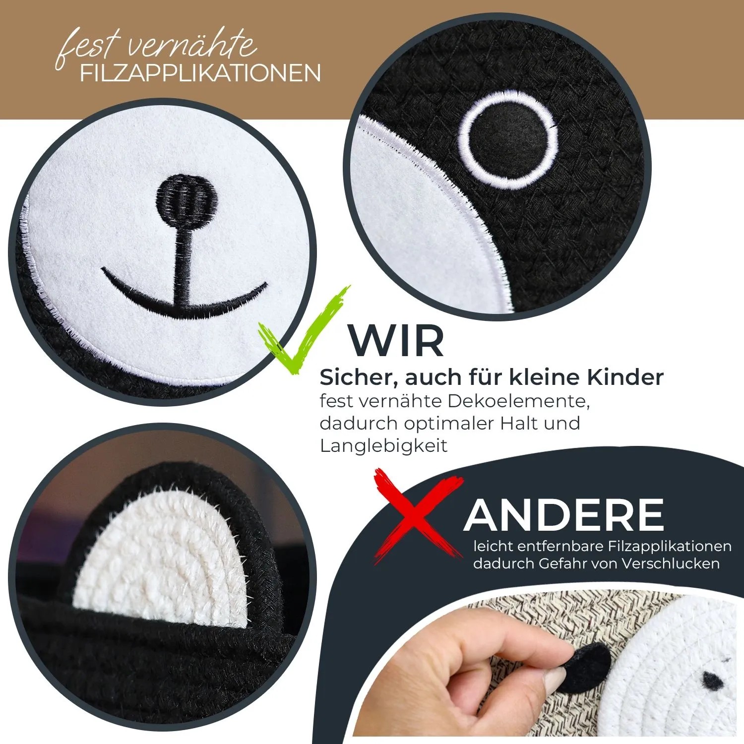 HMF 39021-30CM-02 Aufbewahrungskorb Versteckten Griffen Korb Kinderzimmer Baumwolle Bär 30 x 24 cm Schwarz_3