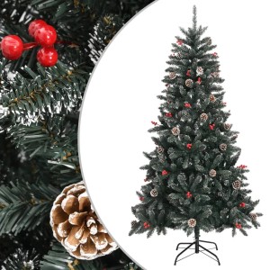 Künstlicher, grüner Weihnachtsbaum (180 cm) mit Ständer, Zapfen und roten Beeren.