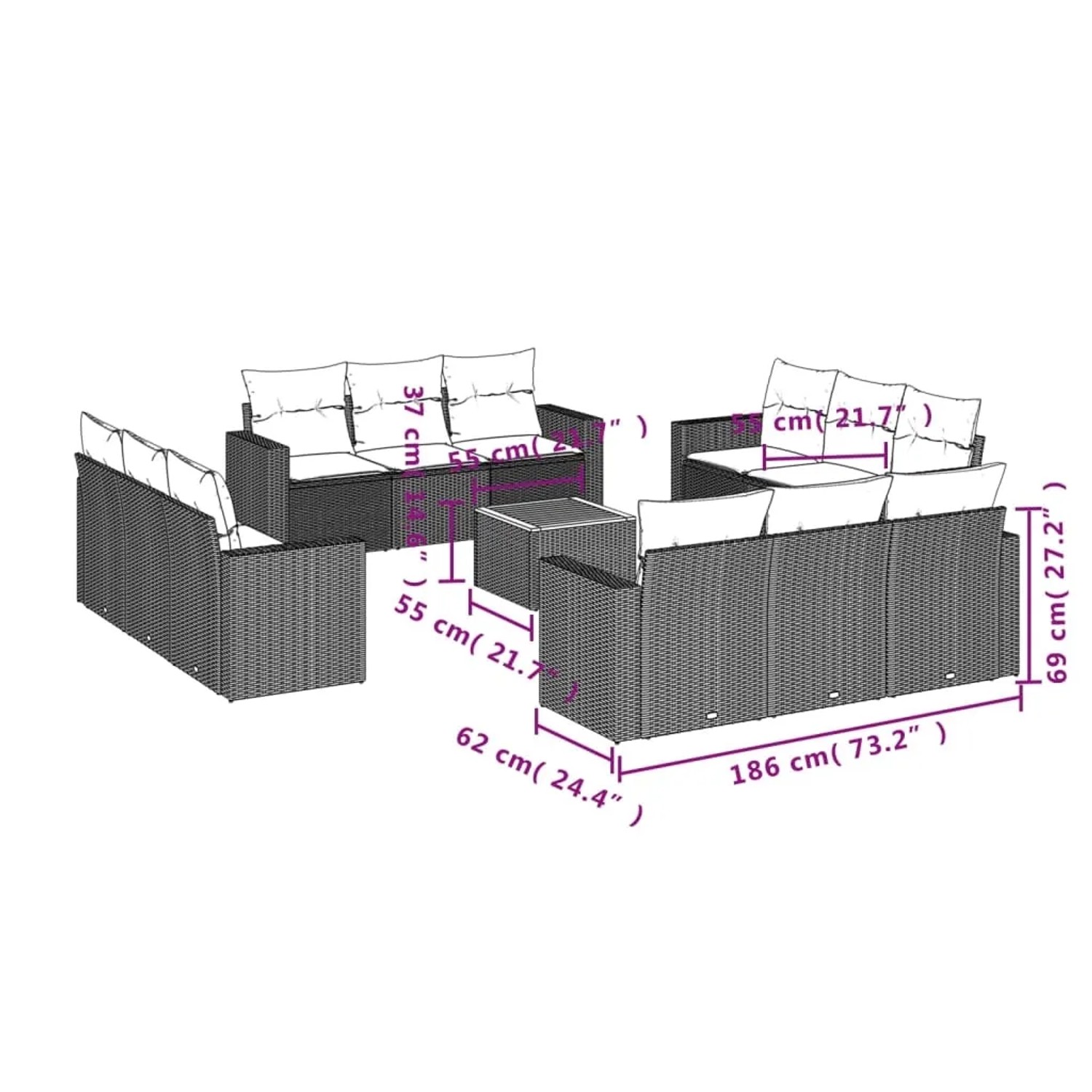 vidaXL 13-tlg. Garten-Sofagarnitur grau Poly Rattan mit Kissen und Tisch, Maße eingezeichnet.