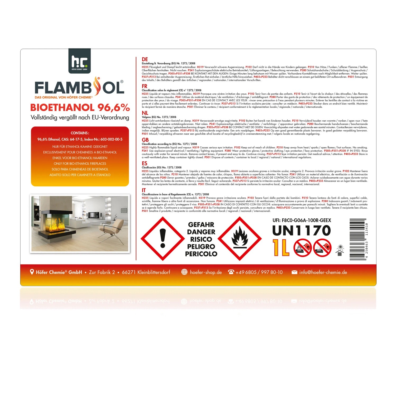 Bioéthanol Pour Cheminée 2 Litres - Éthanol 96,6% - Combustion Propre, Inodore - Pour Foyers Intérieurs Et Extérieurs