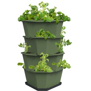 Dunkelgrünes Gusta Garden Anzuchtsgefäß Paul Potato, 56 L, als Vertikaler Garten mit Kartoffelpflanzen.