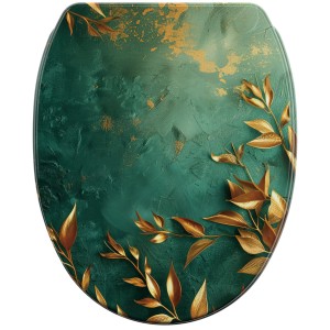 SANILO WC-Sitz Greego mit Absenkautomatik, grünes Design mit goldenen Blättern.