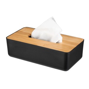 Wenko Kosmetiktuchbox Rotello, schwarz-braune Taschentuchbox mit Bambusdeckel.