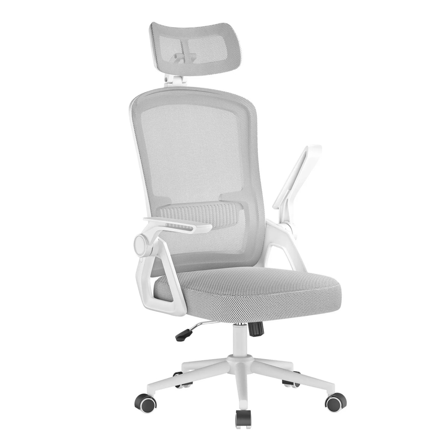 Rattantree Ergonomischer Bürostuhl mit Verstellbarer Kopfstütze Hoher Rückenlehne aus Netzgewebe Hochklappbaren Armlehnen Asche