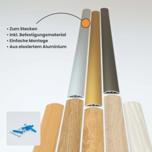 Dalsys Übergangsprofile Aluminium in Champagner, Silber, Bronze mit Holzdekor. Für Laminat & Parkett, inkl. Befestigung.