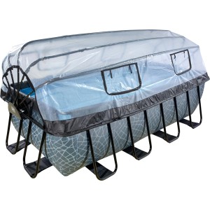 Grauer EXIT Stone Pool 400x200 mit Abdeckung und Sandfilterpumpe. Stahlrahmenpool mit Steinmuster.
