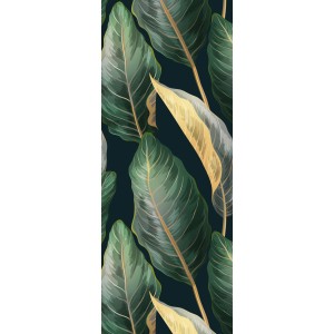 Schulte Duschrückwand mit Tropenblätter-Motiv in Grün und Gold.