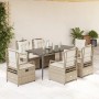 7-teilige Garten-Essgruppe aus Rattan mit Kissen in Beige. Gartenmöbel-Set mit Tisch und Stühlen.