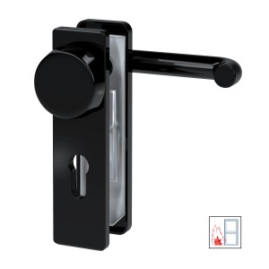 Schwarzer Basi Feuer-Schutzbeschlag mit eckigem Kurzschild für Feuerschutztüren.