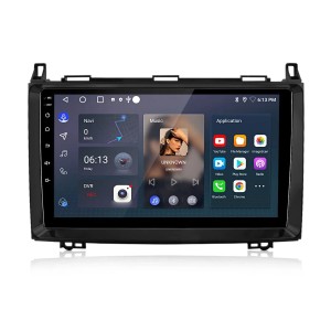 Schwarzes Junsun Autoradio mit 9-Zoll-Touchscreen, Navigationssystem, Bluetooth und App-Anzeige für Mercedes Benz.