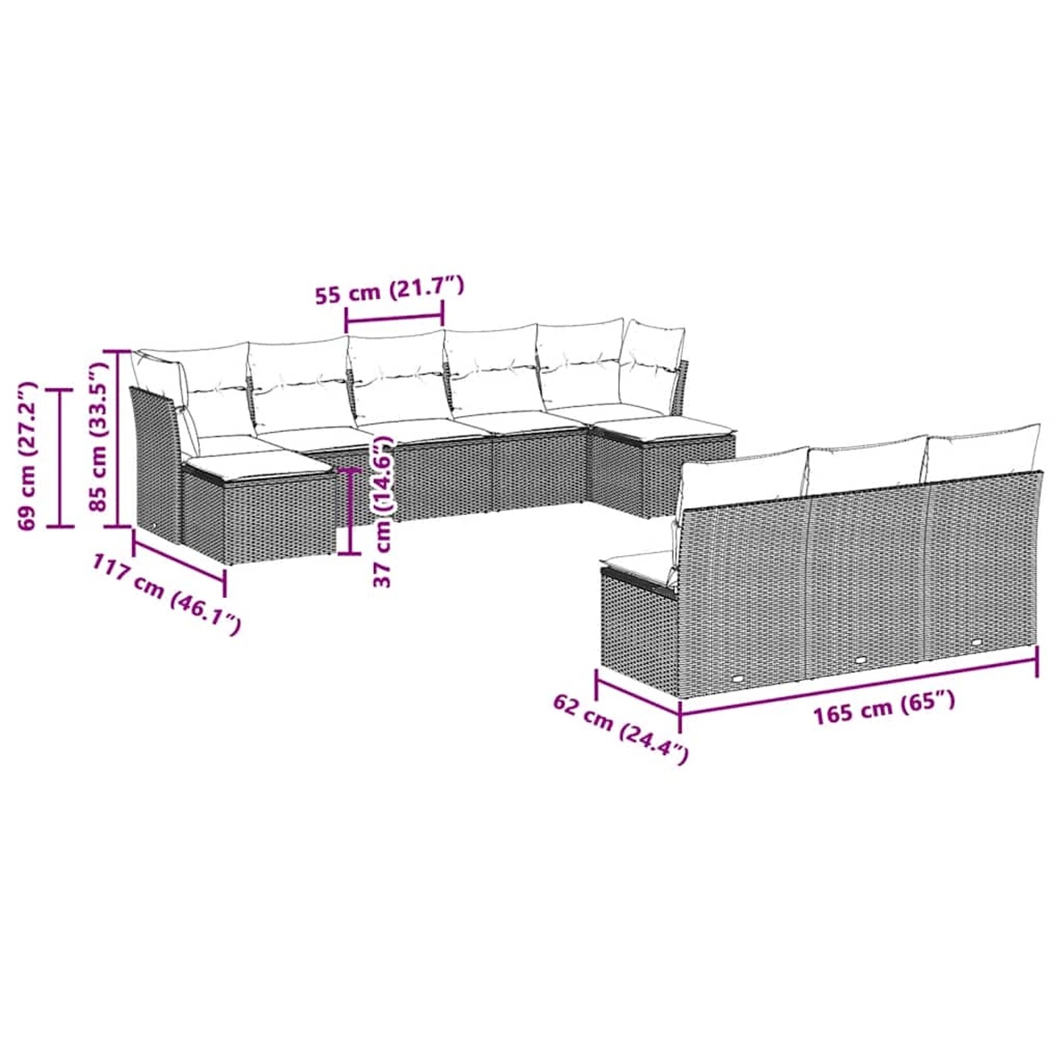 vidaXL 10-tlg. Garten-Sofagarnitur, hellgraues Poly Rattan mit Kissen, Maße eingezeichnet.