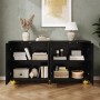 Schwarzes Merax Sideboard mit 4 offenen Türen, goldenen Metallfüßen und viel Stauraum für Bücher und Deko.