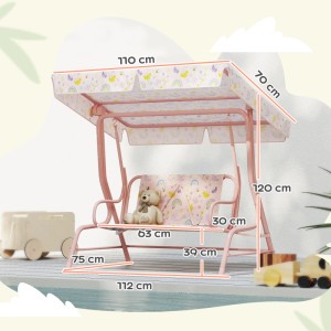 AIYAPLAY Doppelsitz Schaukelstuhl, rosa Stahl mit Sonnenschutz und Maßen.