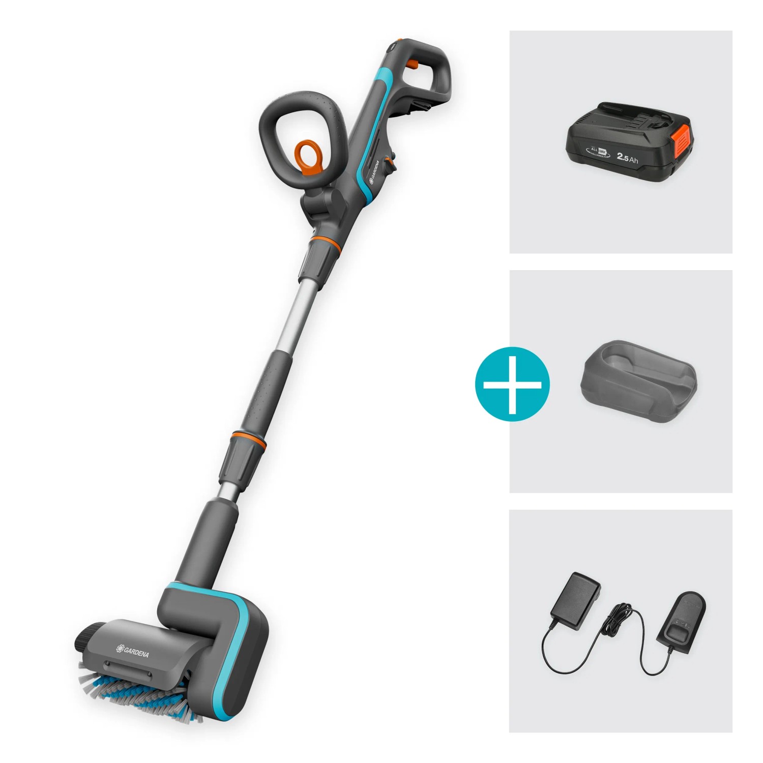 Gardena Akku-Multi-Reiniger AquaBrush Patio mit Akku und Ladegerät für Terrassen und Gartenmöbel.