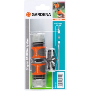 Gardena Kupplungs-Satz für 13-15 mm Schläuche, bestehend aus Schlauchverbindern und Wasserstop.