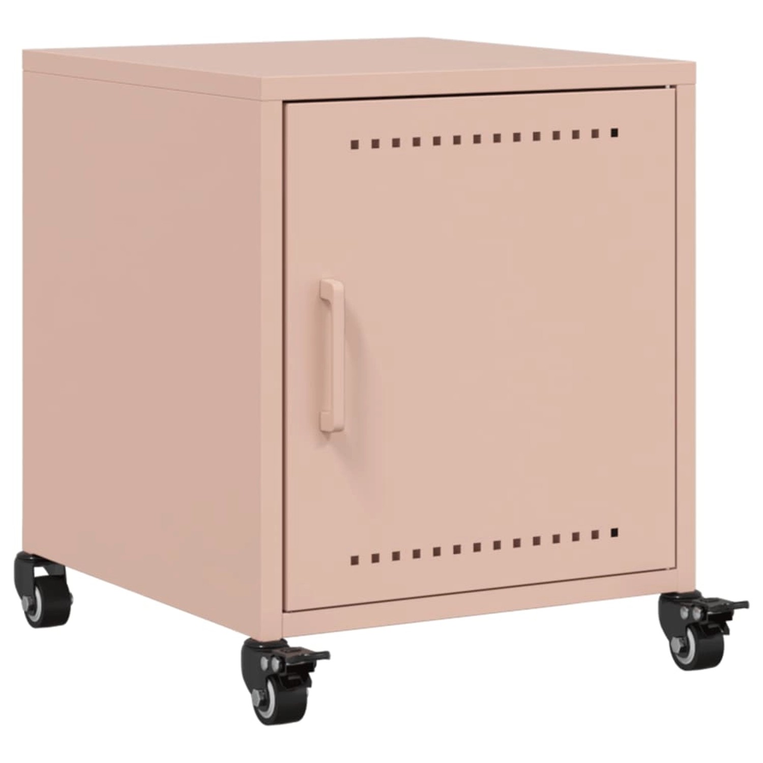 Rosa Nachttische (2 Stk.) aus Stahl mit Tür und Rollen.